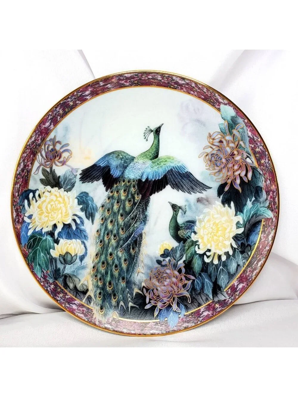 Serenity By Lily Chang Gardens Of Paradise Plate Peacocks Chrysanthemum 1992 COA - Picture 1 of 12